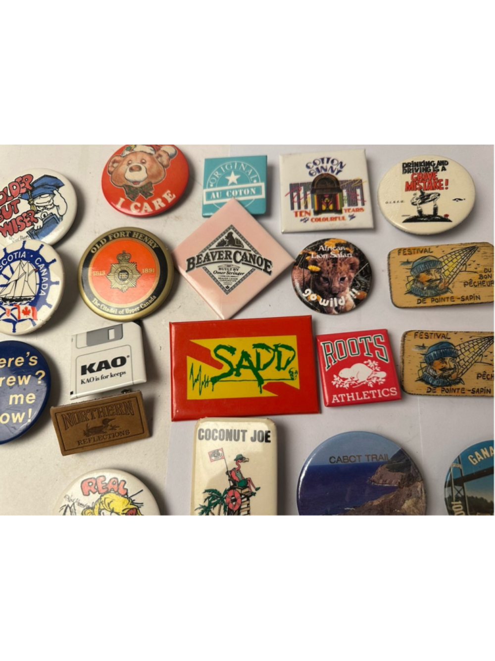 Vintage Pinback Buttons Lapel Pins Lot 20 Beaver Canoe Roots SADD Advertising
